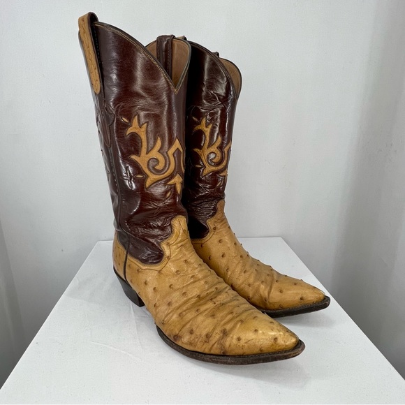 Sterling Brown and Tan Two-Tone Ostrich Leather Pointed Toe Cowboy Boots - Picture 2 of 11